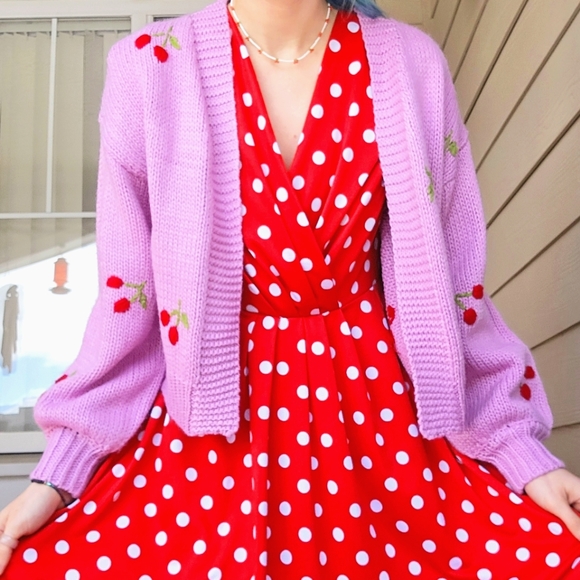 🍄🐭 Minnie Mouse Red White Polka dot Toadstool Retro Vintage Soft Knit Dress M - Picture 2 of 4